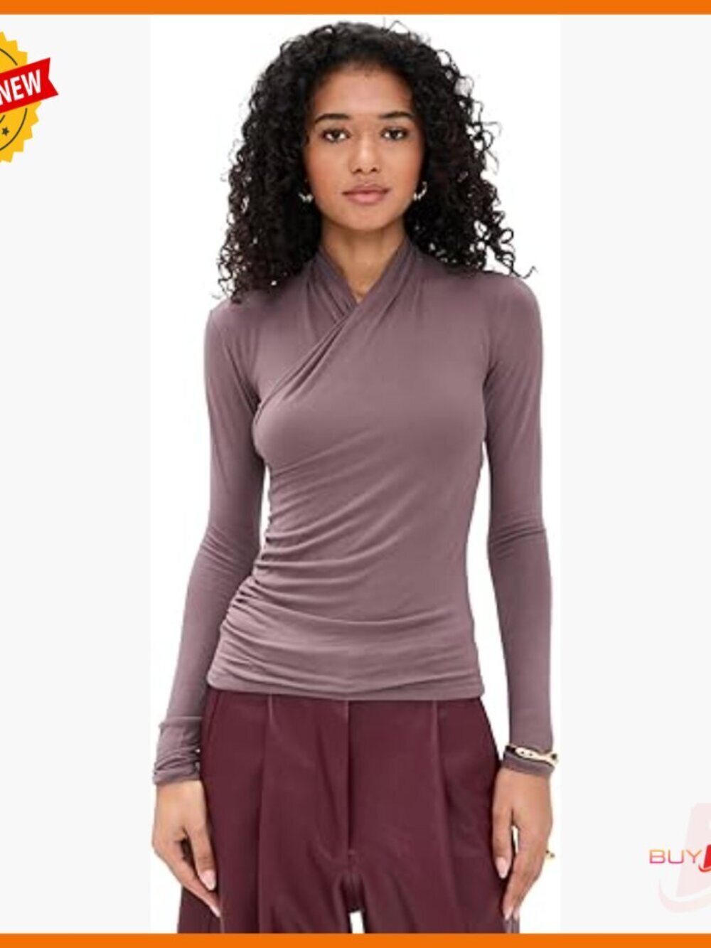 Long Sleeve Wrap Top Rayon Spandex Fitted Pull On Standard Length